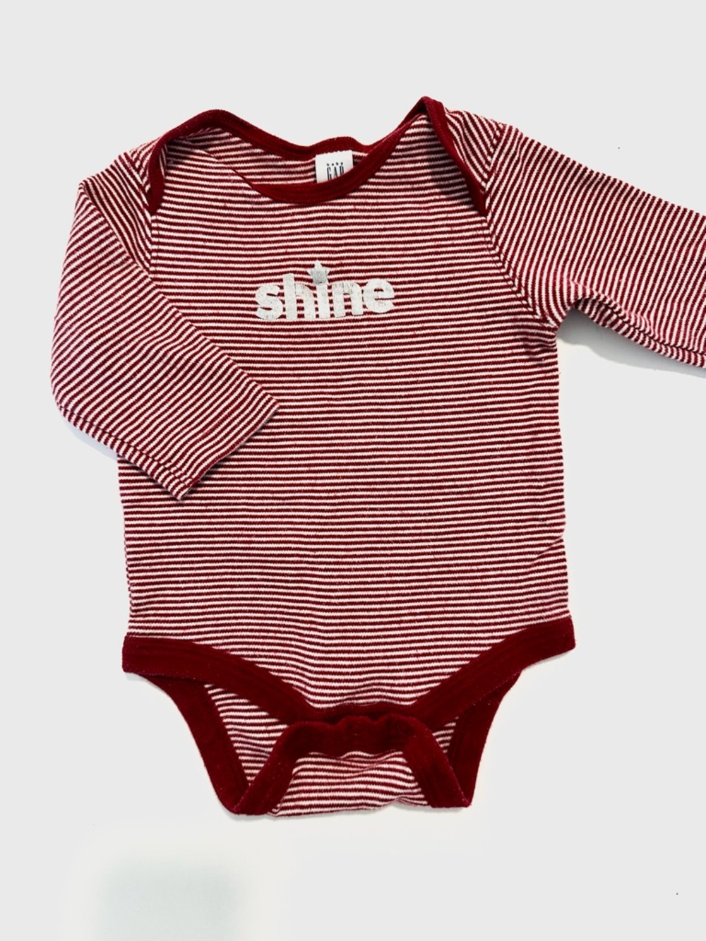 GAP Burgundy and White Striped Long-Sleeve Bodysuit - "Shine" Applique